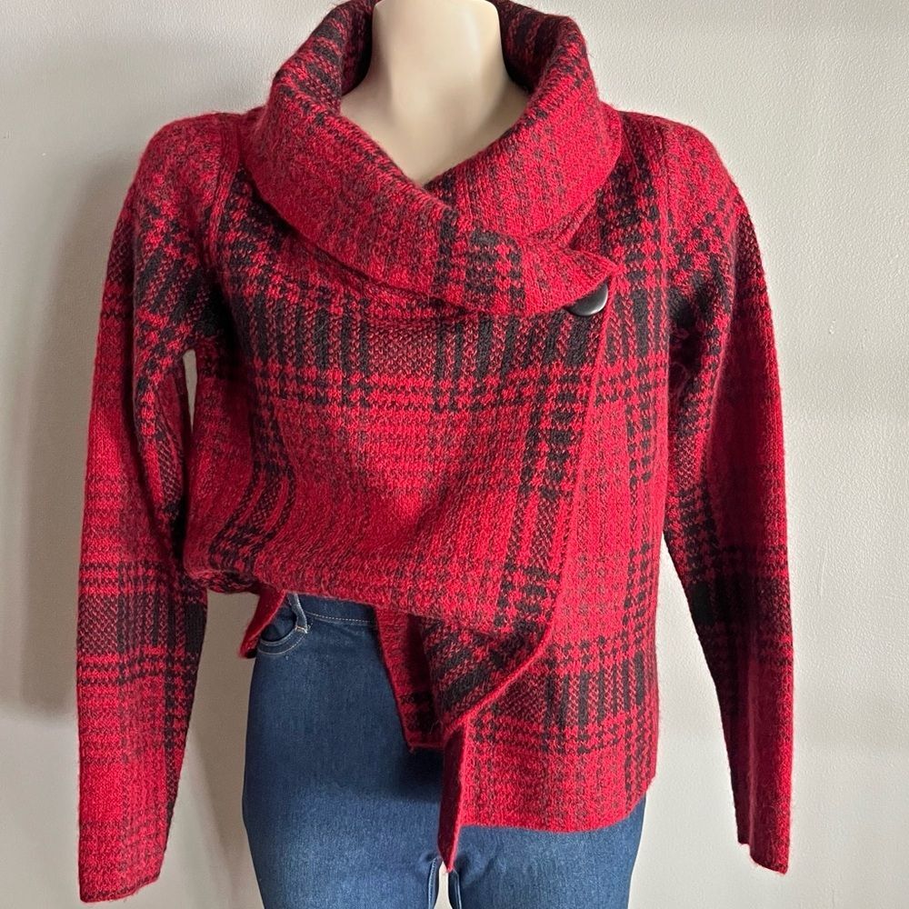 Christian Siriano Plaid Cowl Neck Wool Blend Sweater Wrap Top Sz S - Picture 2 of 9